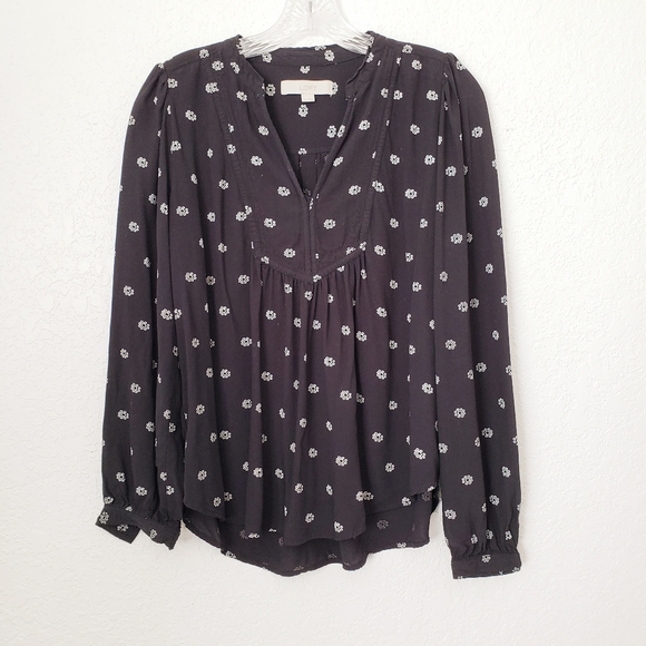 Loft Black Floral Geometric Peasant Blouse top - Picture 4 of 8